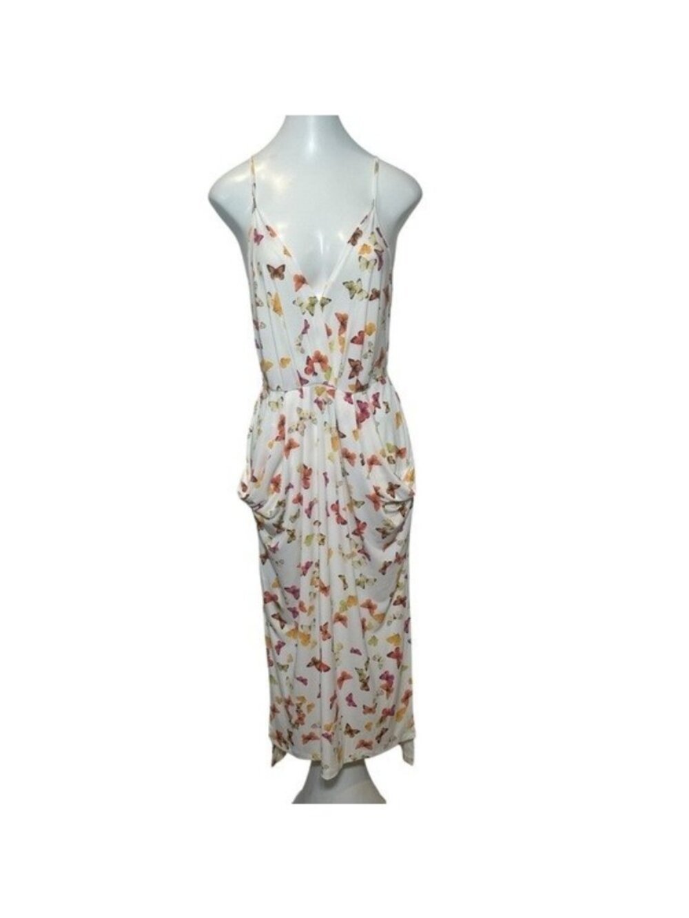 BCBG Generation Size S Midi Dress Butterfly Kiss Draped Pocket Spaghetti Strap